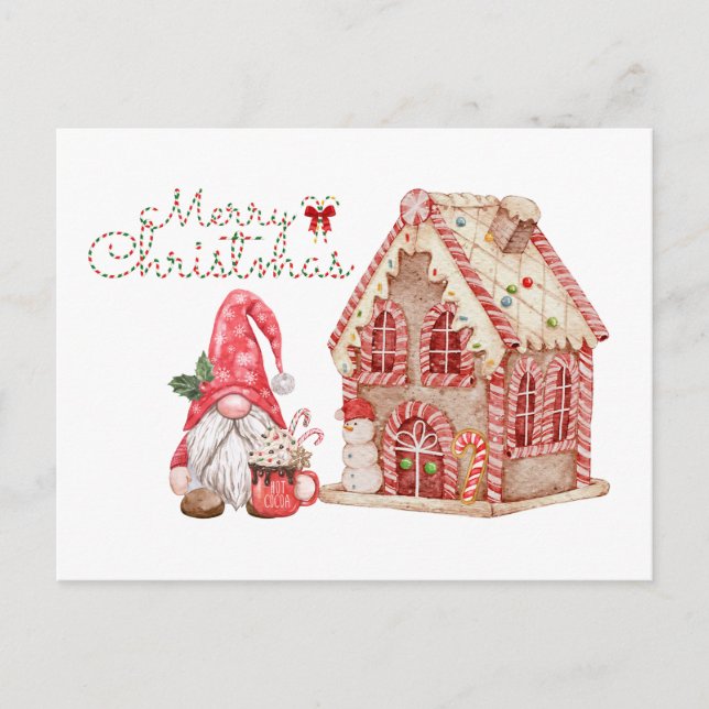 Merry Christmas Gnome and Gingerbread House  Holiday Postcard (Front)