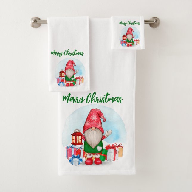 Merry Christmas Gnome Bath Towel Set (Insitu)