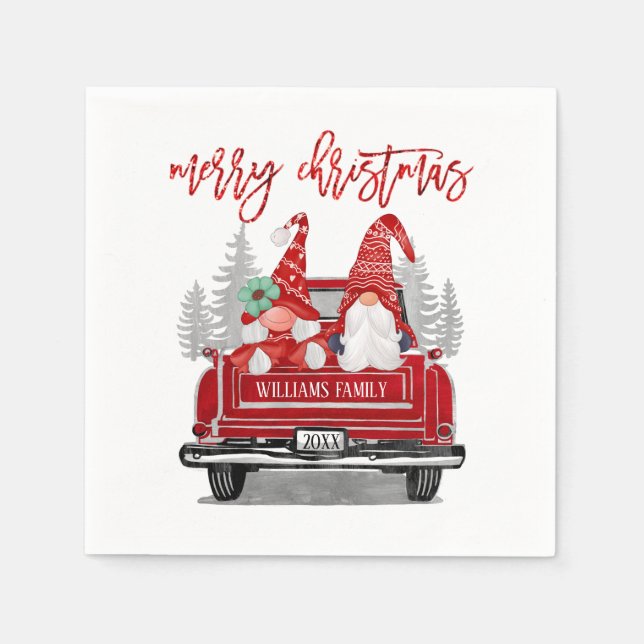 Merry Christmas Gnome Couple Vintage Red Truck  Napkin (Front)
