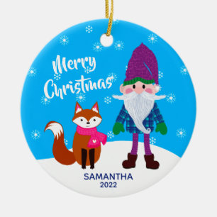Merry Christmas Gnome Fox Personalised Ceramic Tree Decoration