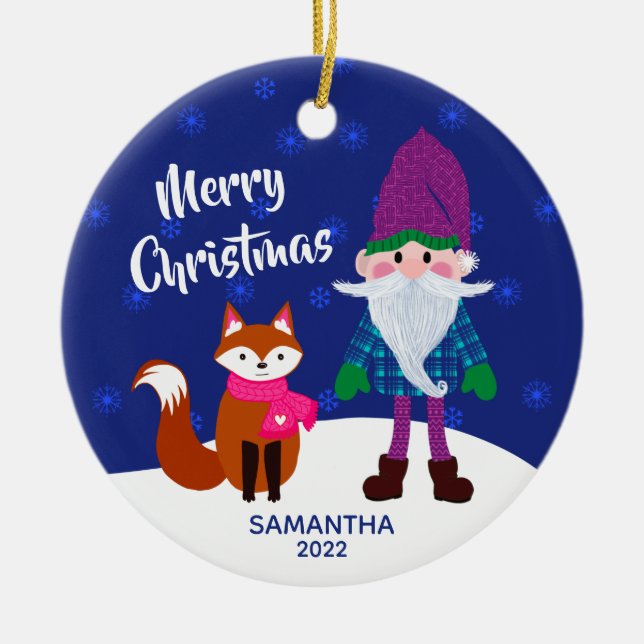 Merry Christmas Gnome Fox Snowflakes Midnight Blue Ceramic Tree Decoration (Front)