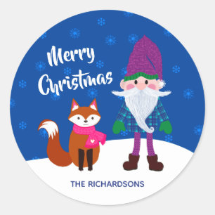 Merry Christmas Gnome Fox Snowflakes Night Time Classic Round Sticker