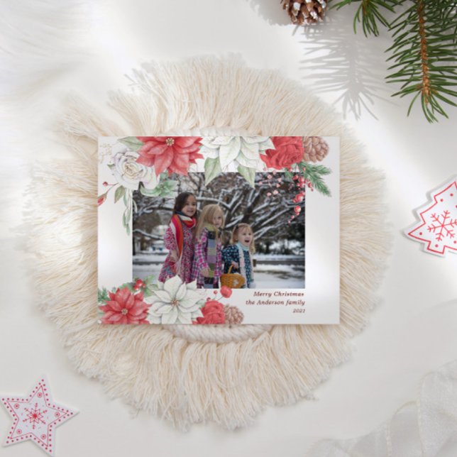 Merry Christmas Gnome Holiday Floral Photo Invitation Postcard (Creator Uploaded)