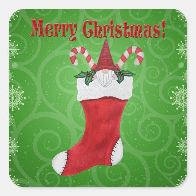 Merry Christmas Gnome in Stocking Candy Cane Green Square Sticker (Front)
