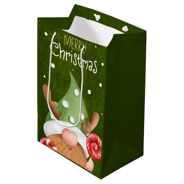 Merry Christmas Gnome Medium Gift Bag (Front Angled)