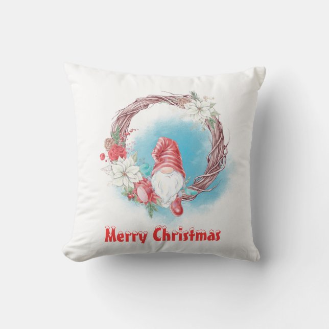 Merry Christmas Gnome on Floral Wreath Cushion (Front)