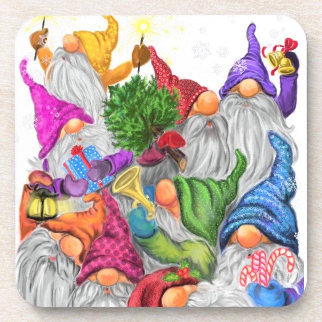 Merry Christmas Gnome Party Cartoon Drawing Funny  Coaster (Front)