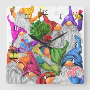 Merry Christmas Gnome Party Cartoon Drawing Funny Square Wall Clock