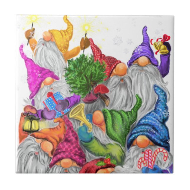 Merry Christmas Gnome Party Cartoon Drawing Funny  Tile (Front)