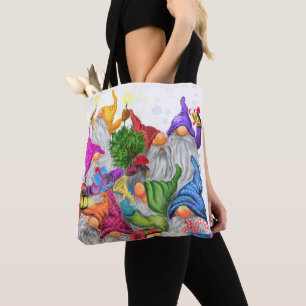 Merry Christmas Gnome Party Cartoon Drawing Funny  Tote Bag