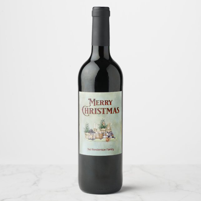 Merry Christmas Gnome Picnic Rustic Cabin Wine Label (Front)