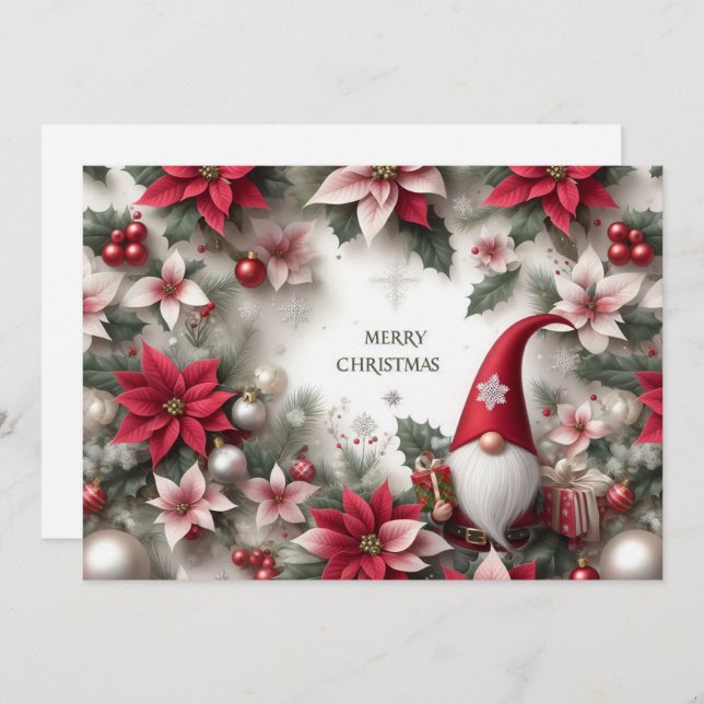 Merry Christmas Gnome, Poinsettias and Holly Holiday Card (Front/Back)