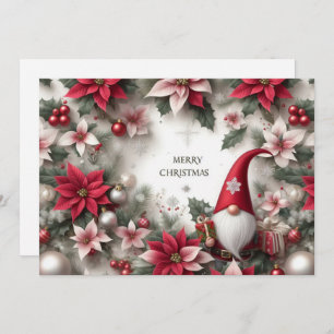 Merry Christmas Gnome, Poinsettias and Holly Holiday Card