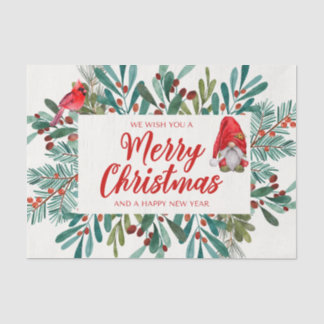 Merry Christmas Gnome, Red Cardinal, Holly Berry  Tissue Paper