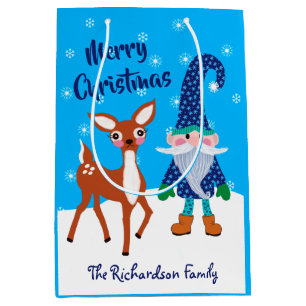 Merry Christmas Gnome Snowflakes Deer Name Medium Gift Bag