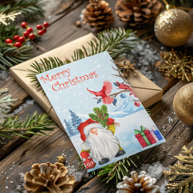 Merry Christmas Gnome Watercolor Snow Holiday Card (Creator Uploaded)