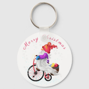 Merry Christmas Gnome with Bike and Gifts Keychain