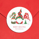 Merry Christmas Gnomes Cute Personalised Classic Round Sticker<br><div class="desc">Cute personalised holiday mailing or gift wrapping stickers featuring three Scandinavian-style gnomes with a seasonal red and green hats. You can easily personalise the "Merry Christmas" greeting and your name at the bottom.</div>