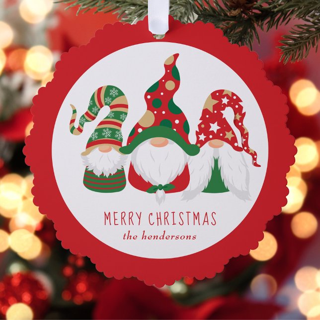 Merry Christmas Gnomes Cute Red Tree Decoration Card (Share the love and warmth of the holiday season with a paper ornament card)
