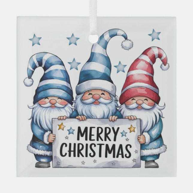 Merry Christmas Gnomes Glass Tree Decoration (Front)