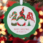 Merry Christmas Gnomes Green Tree Decoration Card<br><div class="desc">Fun holiday greeting card that can also be used as a gift tag and a paper tree ornament. The front features three Scandinavian-style gnomes with seasonal red and green hats. Personalise the "Merry Christmas" greeting and your name at the bottom.</div>