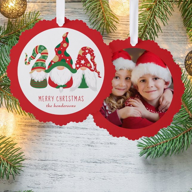 Merry Christmas Gnomes Photo Red Tree Decoration Card (Share the love and warmth of the holiday season with a photo paper ornament card)