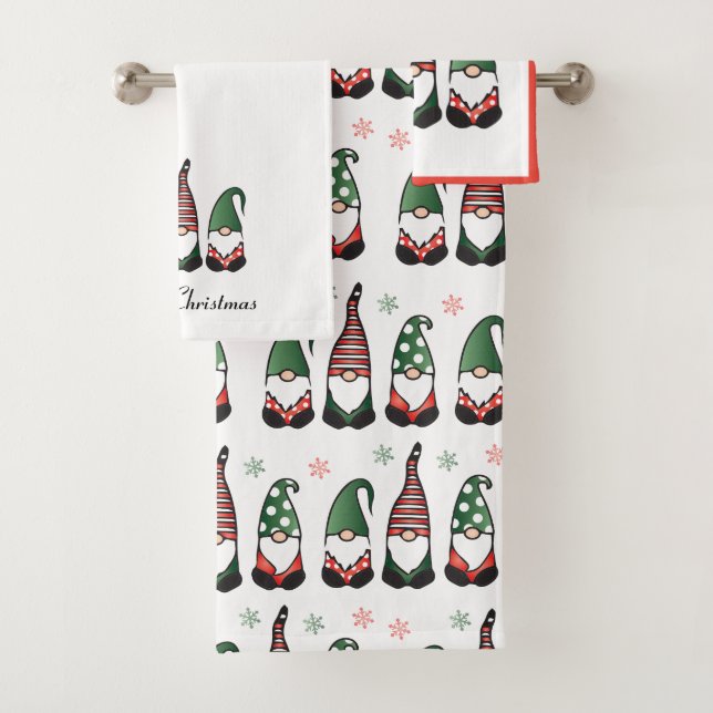 Merry Christmas Gnomes Red Bath Towel Set (Insitu)