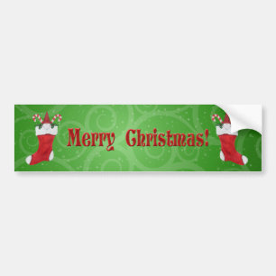 Merry Christmas Gnomes Red Stockings Green Swirls Bumper Sticker