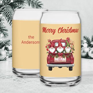 Merry Christmas Gnomes Red Truck Gold-Colour Wrap Can Glass