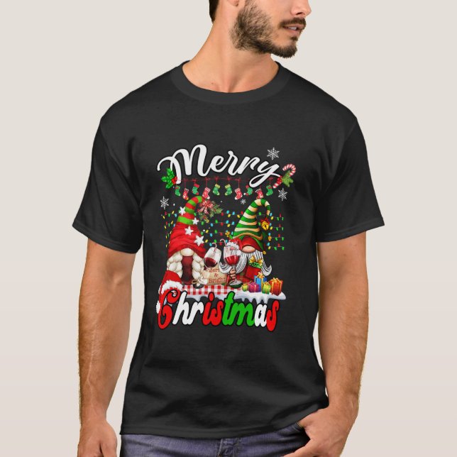 Merry Christmas Gnomes Wine Glass Family Plaid Xma T-Shirt (Front)