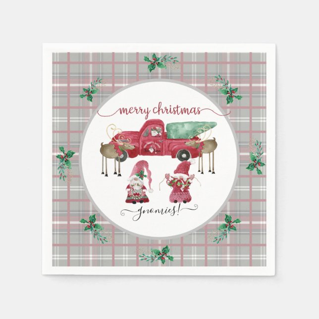 Merry Christmas Gnomies Gnome Red Truck Tree Farm Napkin (Front)