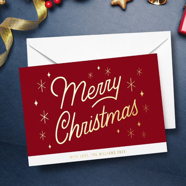 Merry Christmas Gold (Elegant Merry Christmas Card. Gold Foil Script Lettering over a holiday red background. )