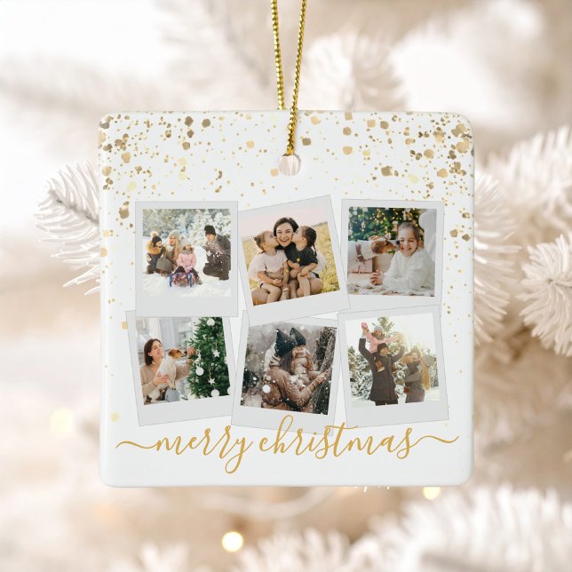 Merry Christmas Gold 6 Photo Collage Ceramic Ornament (Creator Uploaded)