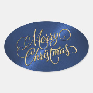Merry Christmas Gold and Blue Embossed Look Oval Sticker