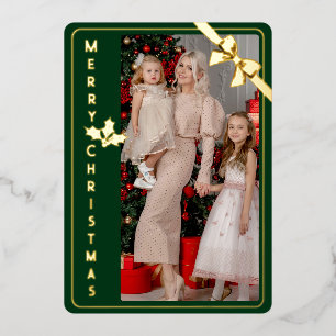 Merry Christmas gold and green family picture card