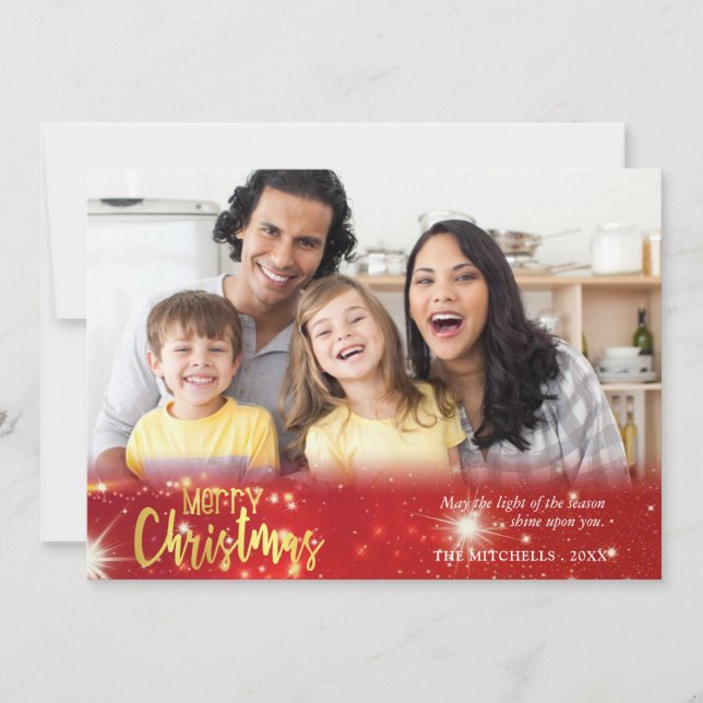 Merry Christmas, Gold and White Lights on Red Holiday Card (Front)