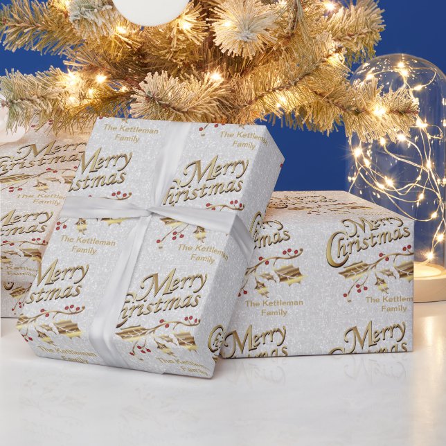Merry Christmas - Gold and White Wrapping Paper (Holidays)