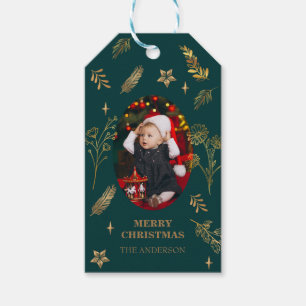 Merry Christmas Gold Arch Green elegant Photo Gift Tags