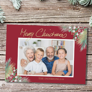 Merry Christmas Gold Berries Photo Christmas Holiday Card