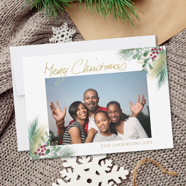 Merry Christmas Gold Berries Photo Christmas Holiday Card (Creator Uploaded)