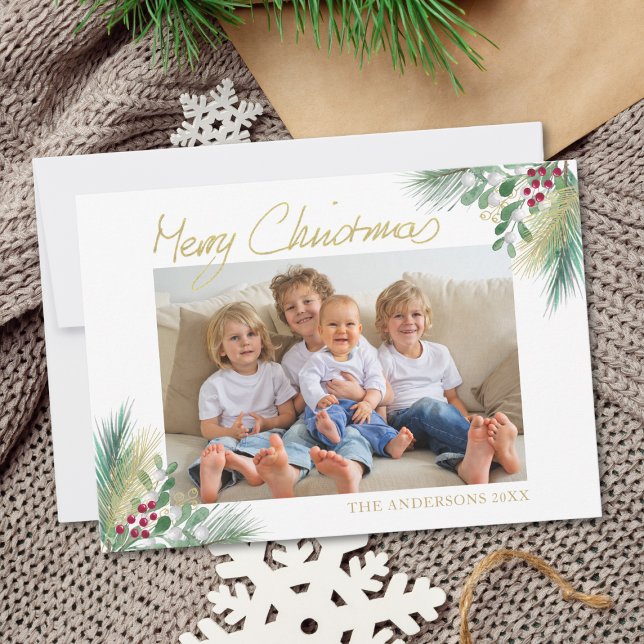 Merry Christmas Gold Berries Photo Christmas Holiday Card (Creator Uploaded)