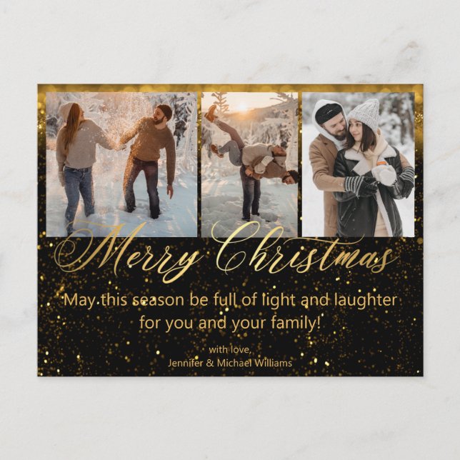merry christmas gold black 3 photos collage luxury postcard (Front)