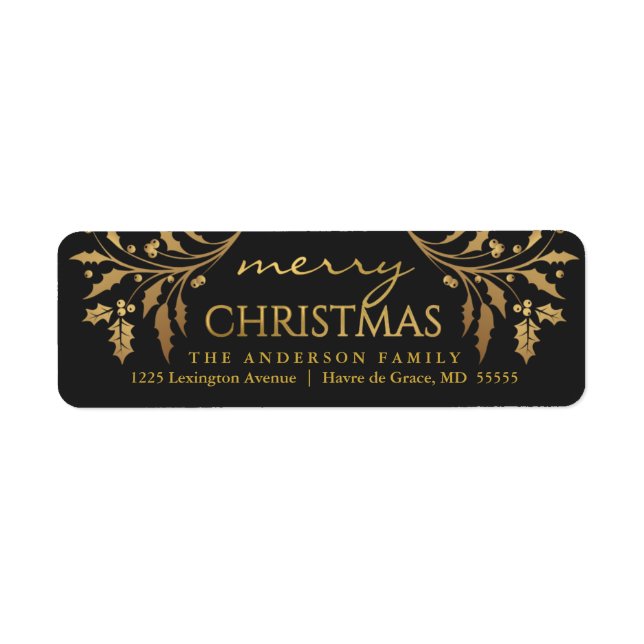 Merry Christmas Gold & Black Holly Return Address (Front)