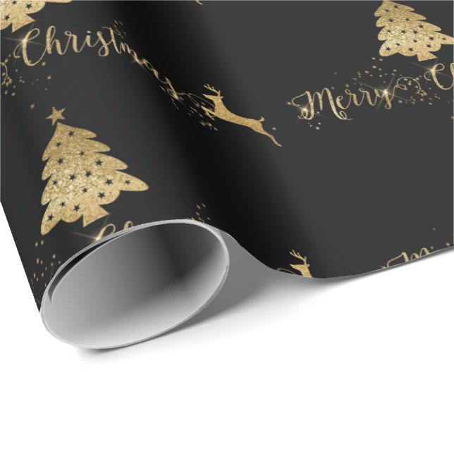 Merry Christmas Gold Black Pattern Typography Wrapping Paper (Roll Corner)