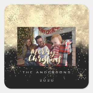 Merry Christmas Gold Black Stars Spark Photo Name Square Sticker