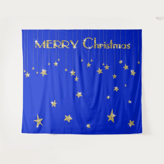 Merry Christmas Gold Blue Photo Booth Backdrop Tapestry (Front (Horizontal))