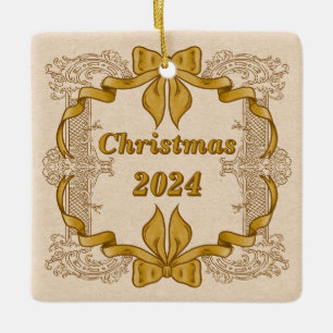 Merry Christmas Gold Bow Vintage Ceramic Ornament