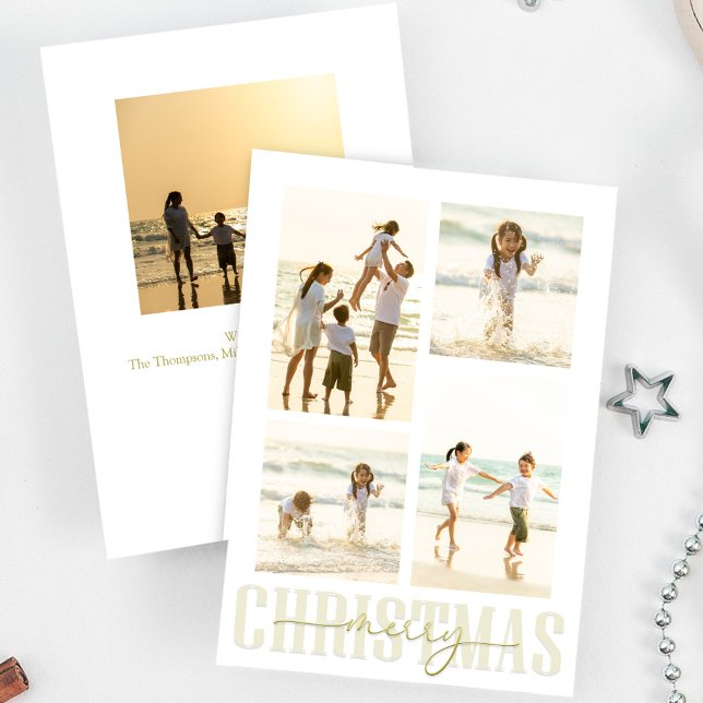 Merry Christmas Gold Calligraphy Elegant 5 Photo Holiday Card (Merry Christmas gold calligraphy script photo card. )