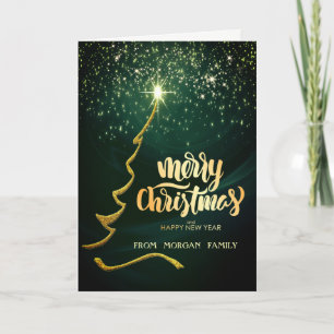 Merry Christmas,Gold Christmas Pine Tree,Green Holiday Card