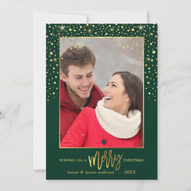 Merry Christmas Gold Confetti Holiday Photo-Green Card (Front)